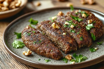 Appetizer plate of walnut topped grilled kibbeh