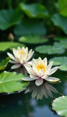 Water lilies on Parnassia palustris in a serene lake scene, peaceful, greenery, flora