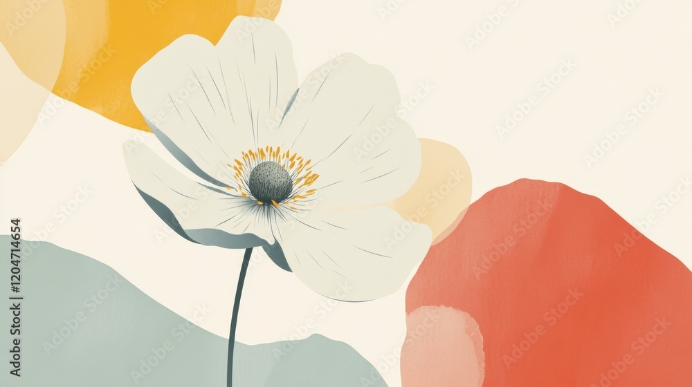 Fototapete Artistic depiction of a single flower with abstract shapes in soft colors against a light background. Generative AI