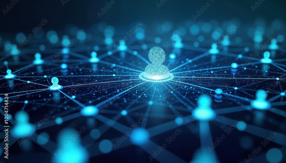 Fototapete Digital illustration shows AI algorithms analyzing social media data to predict communication trends. Tech system displays central person surrounded by network of interconnected digital users. Future