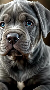 A close-up of an adorable gray cane corso puppy with blue eyes, looking curiously at the camera.
