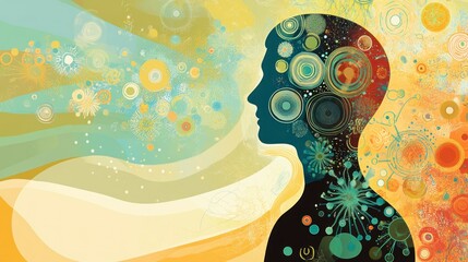 Abstract illustration of a person's head and body filled with colorful circles and patterns, representing mind and body connection.