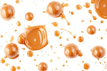 Caramel sweets on a white background surrounded by flowing butterscotch sauce Overhead perspective