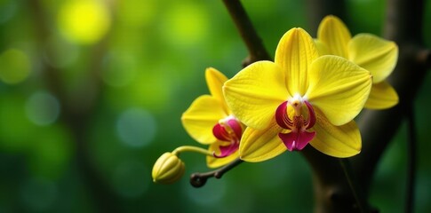 Obraz premium Yellow Orchid with Red Stripes on Tree Branch, orchids, flowers, foliage