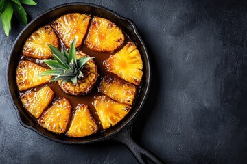 Caramelized pineapple with vanilla sauce in a contemporary cast iron pan featuring empty space for text