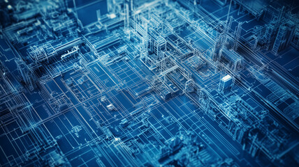 industrial blueprint showing the layout of a factory floor,