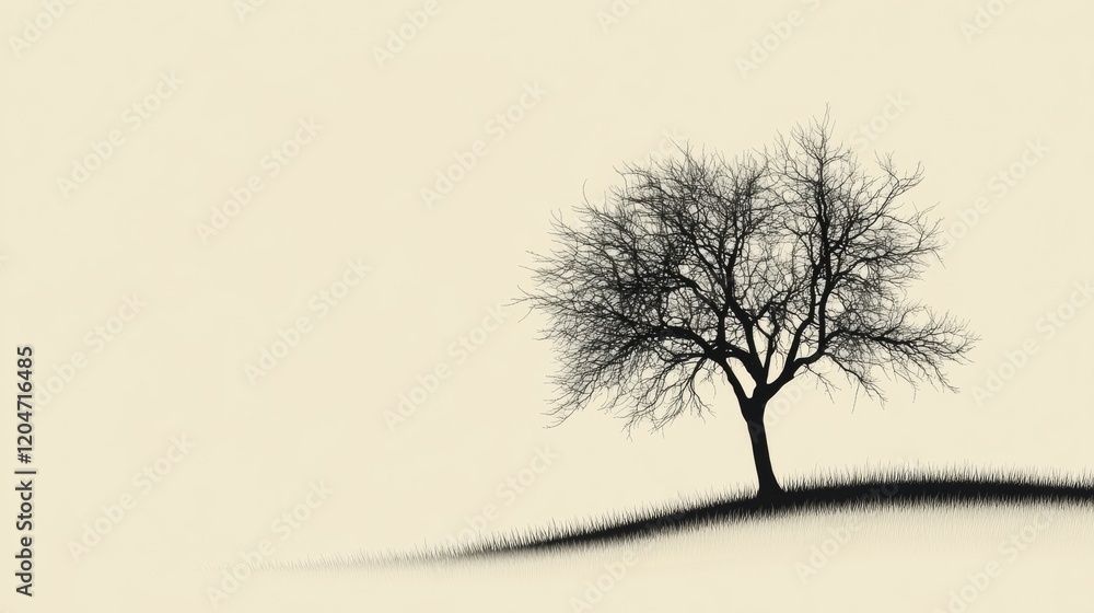 Poster barren tree on a hill against a neutral background at dusk showing the beauty of solitude and nature