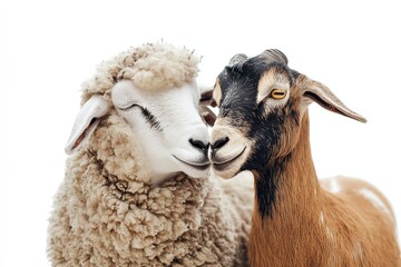 Close-up of a friendly sheep and goat nuzzling on a white background.