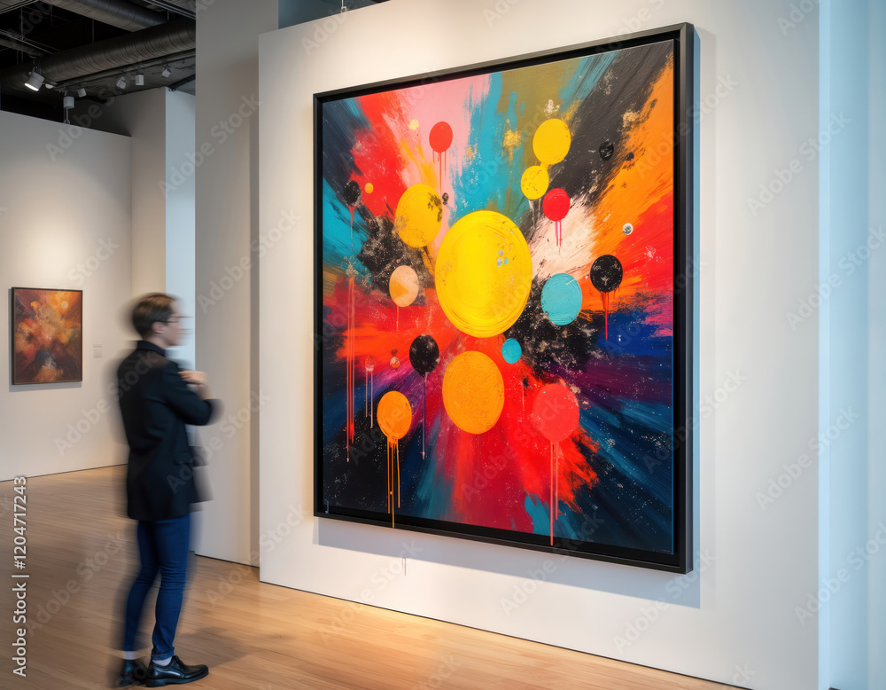 Poster colorful abstract painting on display in modern gallery. person views artwork. vibrant colors, brush