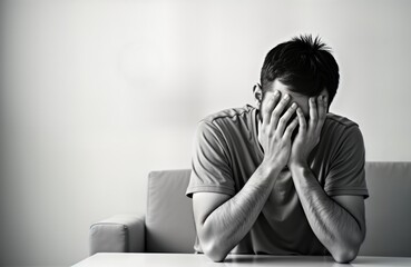 Depressed man sits alone at home covering face with hands. Emotional distress and loneliness. Social issue. Man in despair and distress. Home environment. Possible drug or alcohol addiction.