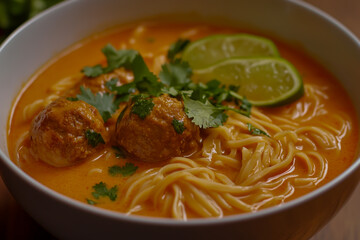 A bowl of flavorful red curry powder soup with tender noodles, garnished with fresh cilantro, basil and zesty lime wedges.
