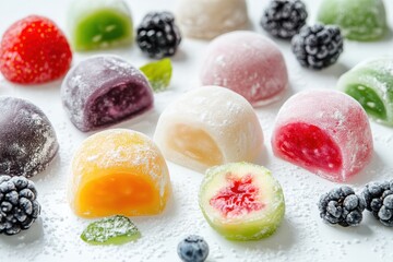 Classic Japanese sweet mochi Vibrant mochi ice cream on a white surface whole and sliced with berry and fruit filling