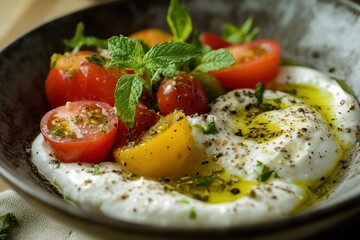 Classic Middle Eastern morning meal manakish with labneh fresh olives mint and tomatoes