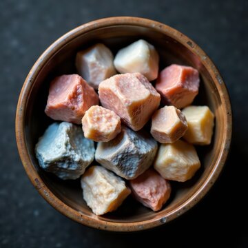 Raw zeolite mesolite stones in a bowl on a dark background, earthy tones, textures