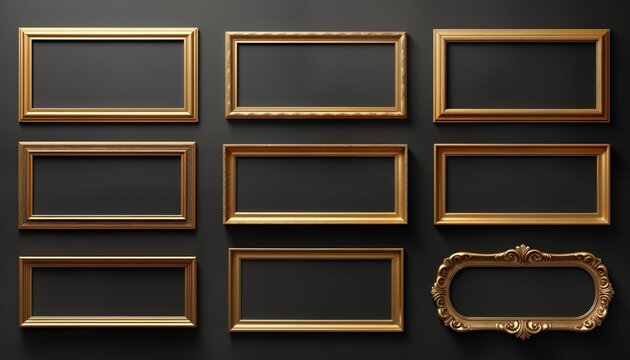 Collection of empty golden nameplates on dark background. Various rectangular, oval shapes. Different sizes, styles. Mockup for art gallery design. Elegant frames with ornate edges. Luxurious look.