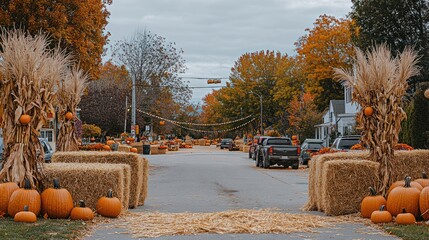 Autumnal Street Scene: Hay Bales, Pumpkins, and Fall Foliage
