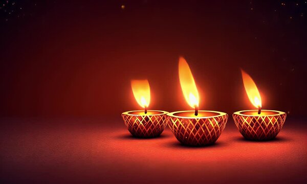 Three illuminated diyas on red background with sparkling lights.