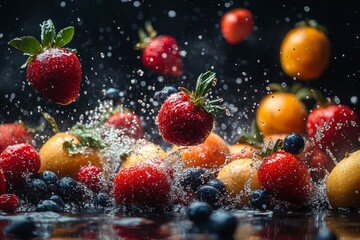 different beautiful appetizing fruits fly into the air like fireworks from the bottom up 