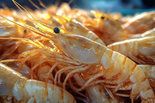 Fresh Shrimp Close-Up Hyper-Realistic Seafood Market Natural Light