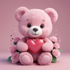 Pink teddy bear holding heart with roses on pastel background