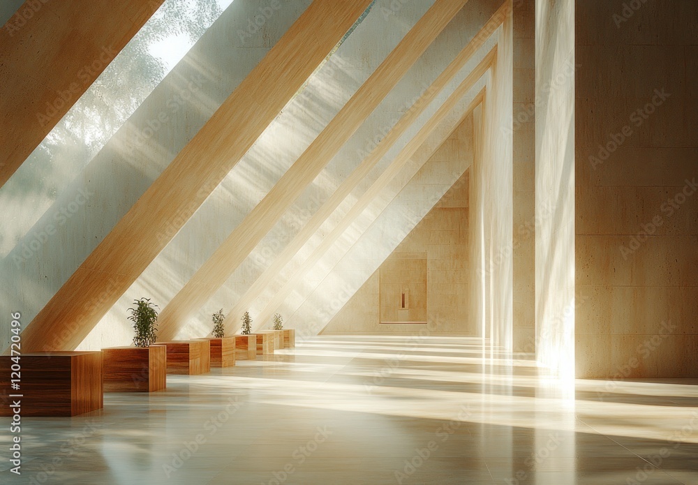 Poster minimalist interior design with wooden diagonal walls and large windows in contemporary architecture