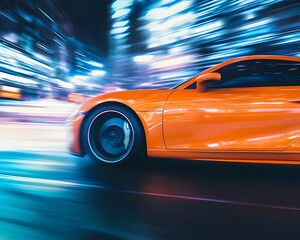 Naklejka premium Orange Sports Car in Motion at Night