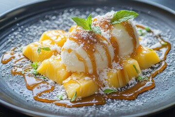 Coconut ice cream and caramel sauce served with pineapple slices