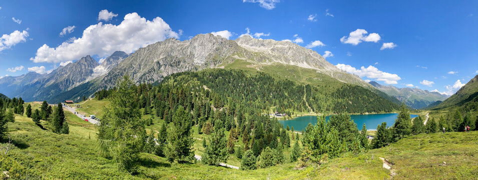 Panoramic view of lake Obersee and Stallersattel, border between Austria and Italy, with peak of Hochgall in the back, Hohe Tauern, East Tyrol, Austria