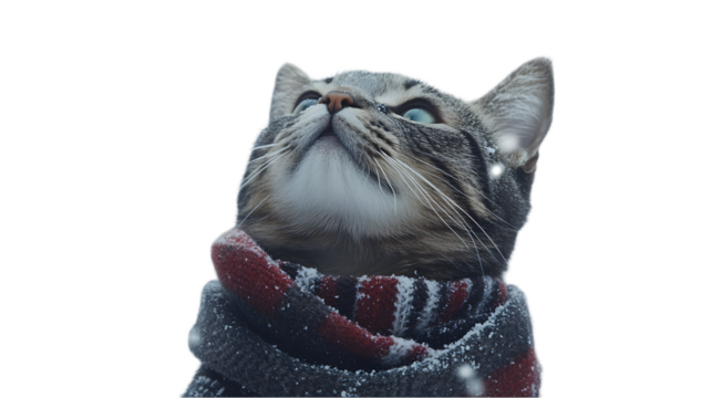 Tabby Cat in Scarf Gazes at Falling Snowflakes, Winter Wonderlan