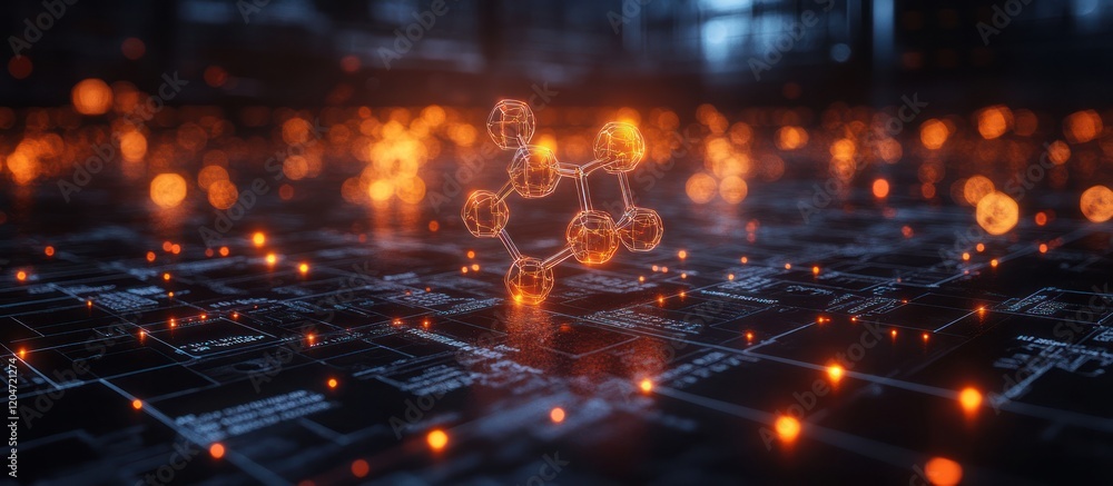 Poster glowing molecule structure on a futuristic circuit board.