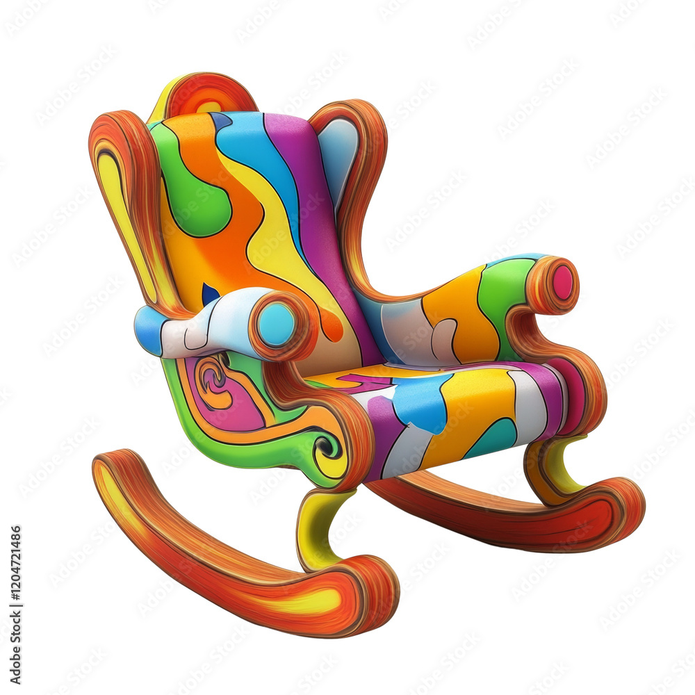 Poster A brightly colored abstract rocking chair with swirling patterns and smooth curves is shown against a white background.