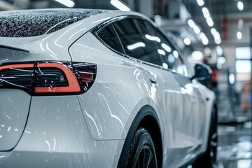 Naklejka premium Sleek White Electric Car in Modern Facility