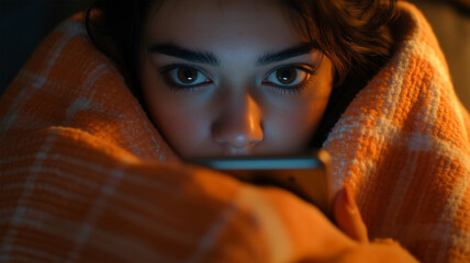 毛布に包まれてスマホを見る女性