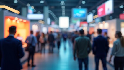 Busy expo hall filled with people. Attendees walk, look around. Large exhibition hall. Indoor urban business conference. Modern interior. Professional atmosphere. Networking event. Potential business