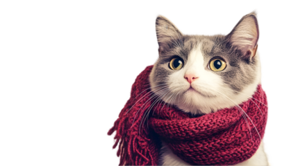Adorable Grey and White Cat Wearing a Red Knitted Scarf