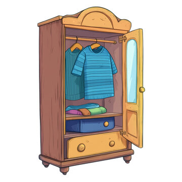 A cartoon illustration depicts an open wooden wardrobe containing folded and hanging clothes.