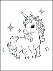 Illustration of a cute baby unicorn cartoon character. Black and white Printable Unicorn coloring page for kids.