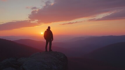 Obraz premium Solitary Hiker Silhouette at Sunset Over Mountain Range