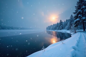 Snow falls quietly onto frozen lake, ice glistens under moonlight, frost covers all surfaces perfectly, lake, frosty, glittering