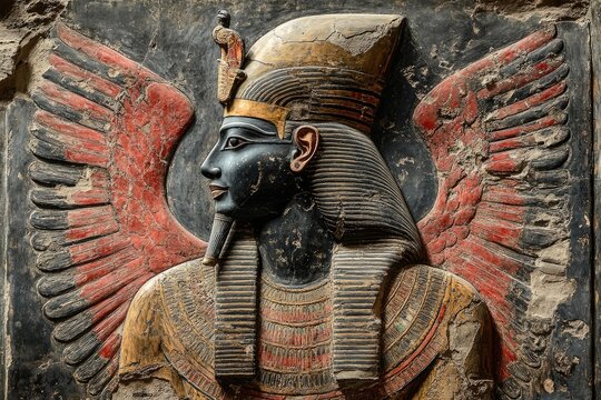 Ancient Egyptian mural: divine figure, pharaoh imagery, sacred artwork, royal icon, historical depiction, religious art, cultural heritage, hieroglyphic style, symbolic representation, regal painting.