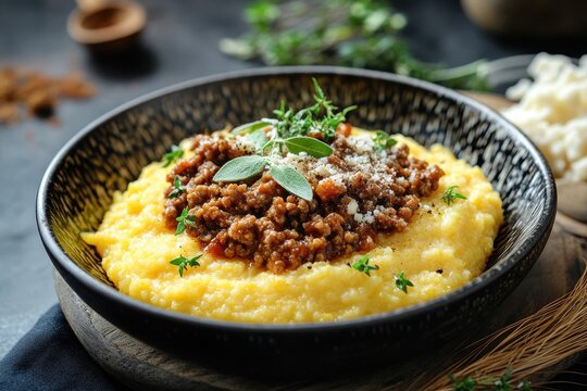 Contemporary Italian polenta alla sarda with sausage meat ragu and pecorino presented in a Nordic bowl