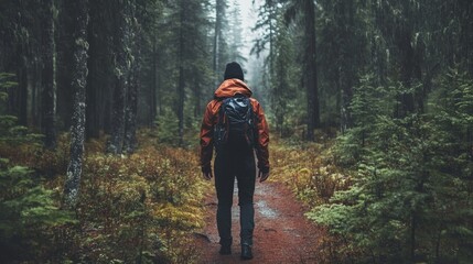 Obraz premium Solo Hiker in Autumn Forest Rain