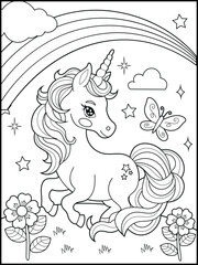 Obraz premium Illustration of a cute baby unicorn cartoon character. Black and white Printable Unicorn coloring page for kids.