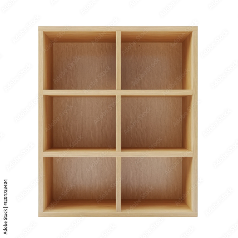 Poster A minimalist light wood cube shelf unit featuring six empty compartments sits against a white background.