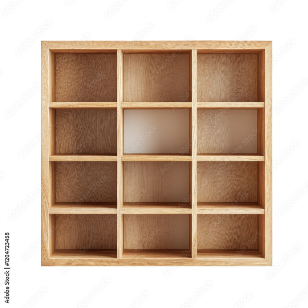 Poster the image shows a modern empty wooden shelving unit against a white wall, ideal for showcasing items