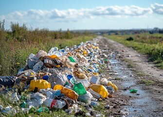 Obraz premium Pile of garbage at the edge of a landfill site under cloudy skies.
