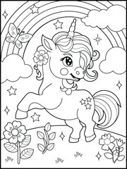 Fototapeta premium Illustration of a cute baby unicorn cartoon character. Black and white Printable Unicorn coloring page for kids.