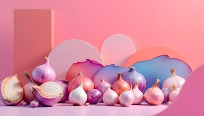 Colorful Onions Arranged on a Trendy Pink Background
