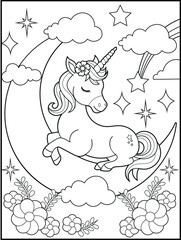 Fototapeta premium Illustration of a cute baby unicorn cartoon character. Black and white Printable Unicorn coloring page for kids.