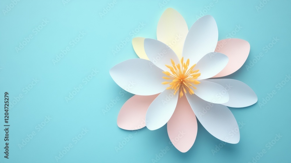 Poster beautiful paper flower with pastel petals on a light blue background creating a serene and calming a